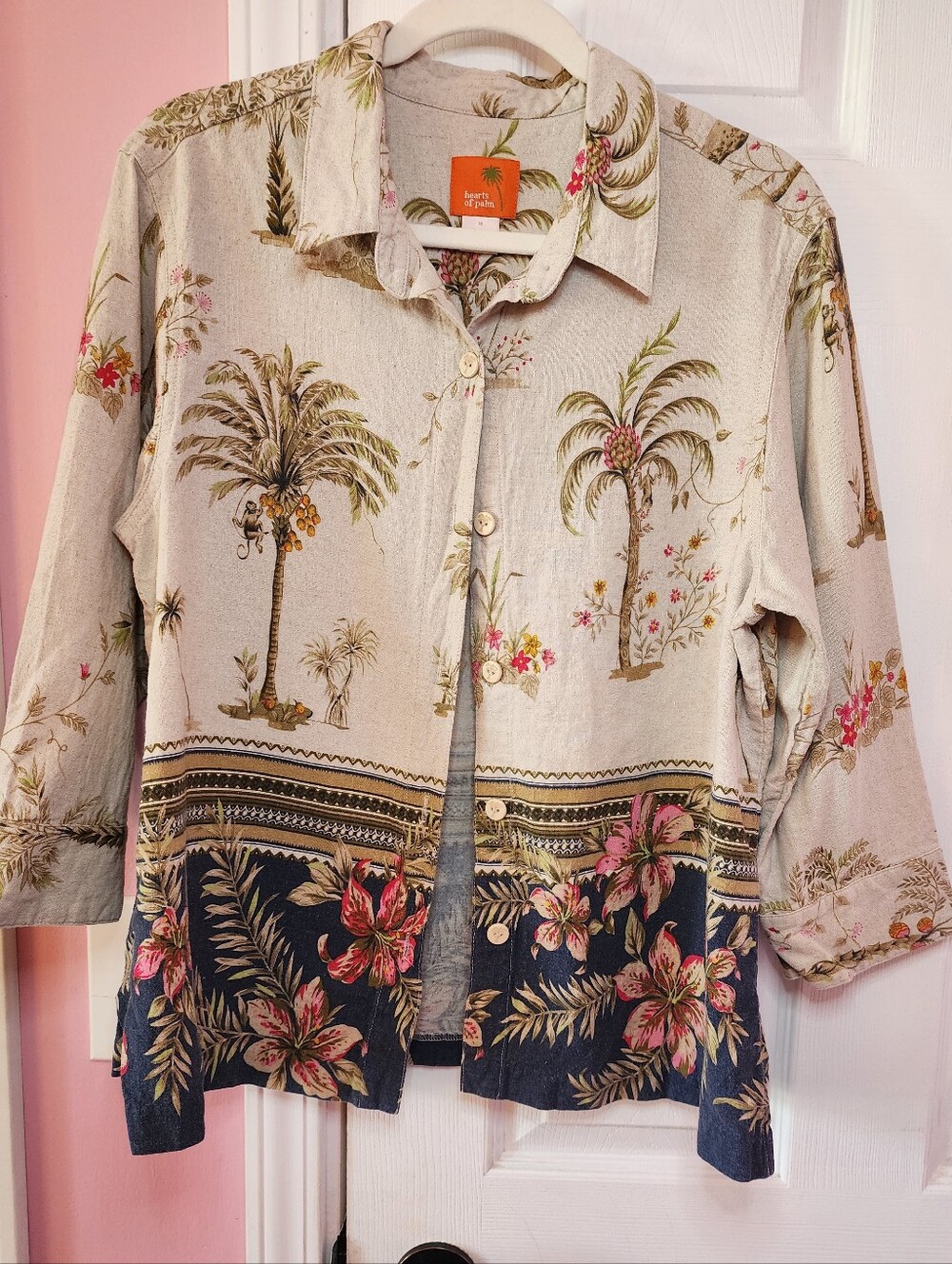 Relaxed Linen Blend Tropical Botanical & Animal Print Top Women XL Navy Floral